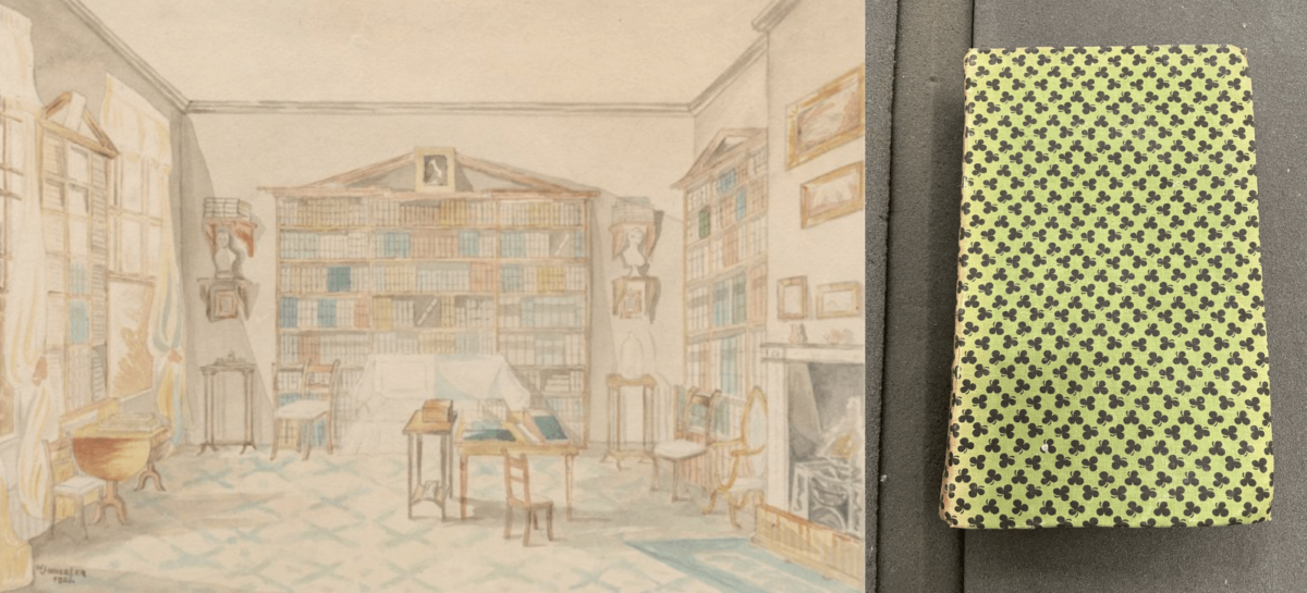 The watercolour painting showcases the unique, colourful books owned by Robert Southey, poet and friend of Wordsworth. The painting is of a room lined with bookshelves. The colours used are subtle. Next to the painting is a photographed book, which has a three leaf clover design repeated across a yellow background.